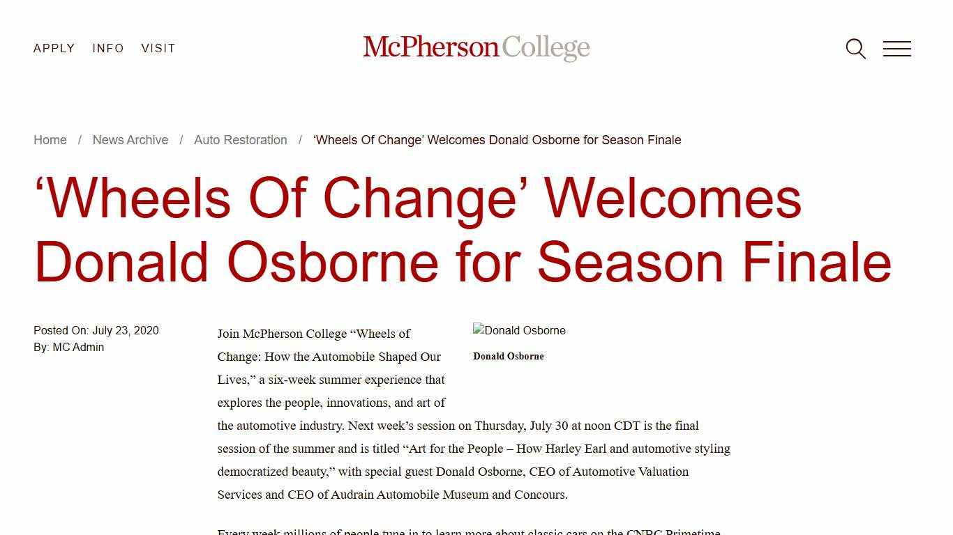 ‘Wheels Of Change’ Welcomes Donald Osborne for Season Finale - McPherson College